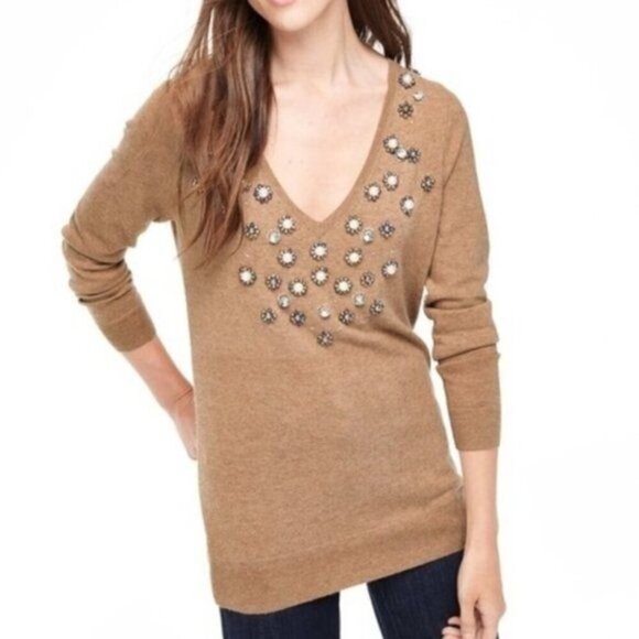 Boden Wool Cashmere Blend Embellished Sweater 10 Tan Beaded V-Neck Long Sleeve - Picture 1 of 10